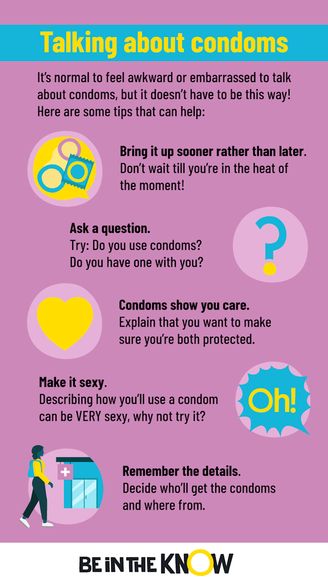The infographic has tips to help you talk about condoms with a partner. These are: 1. Bring it up sooner rather than later – don’t wait till you are in the heat of the moment! 2. Start with a question – try: Do you use condoms? Do you have one with you? 3. Condoms show you care – you can explain that you want to make sure you’re both protected. 4. Make it sexy – describing how you’ll use a condom can be VERY sexy, why not try it? 5. Remember the details ,decide who’ll get the condoms and where