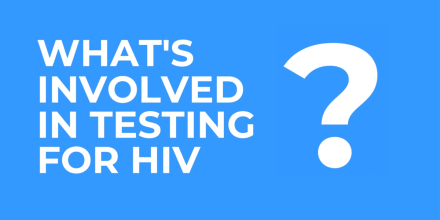 White text on blue background and big question mark 'What's involved in testing for HIV'